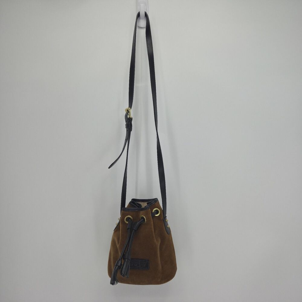 Vintage Dooney & Bourke Brown Velvet Drawstring Bucket Bag Black Leather Trim - Picture 2 of 5